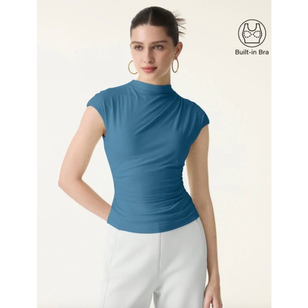 OGL Top Size M NEW Eco-SkinKiss Mockneck Ruched Cropped Bra Top Dark Marine Blue